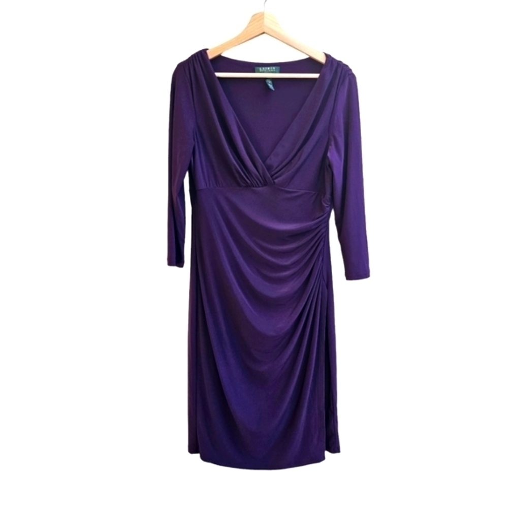 Lauren Ralph Lauren Deep Purple V-neck Dress with Rouching Details, Size Medium